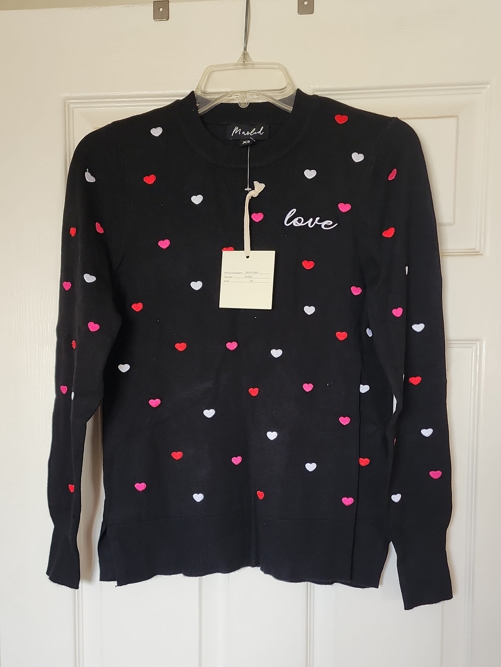 Black Sweater with Red Pink and White Heart Print